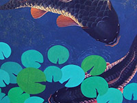 Carp pond painted on mahogany table top