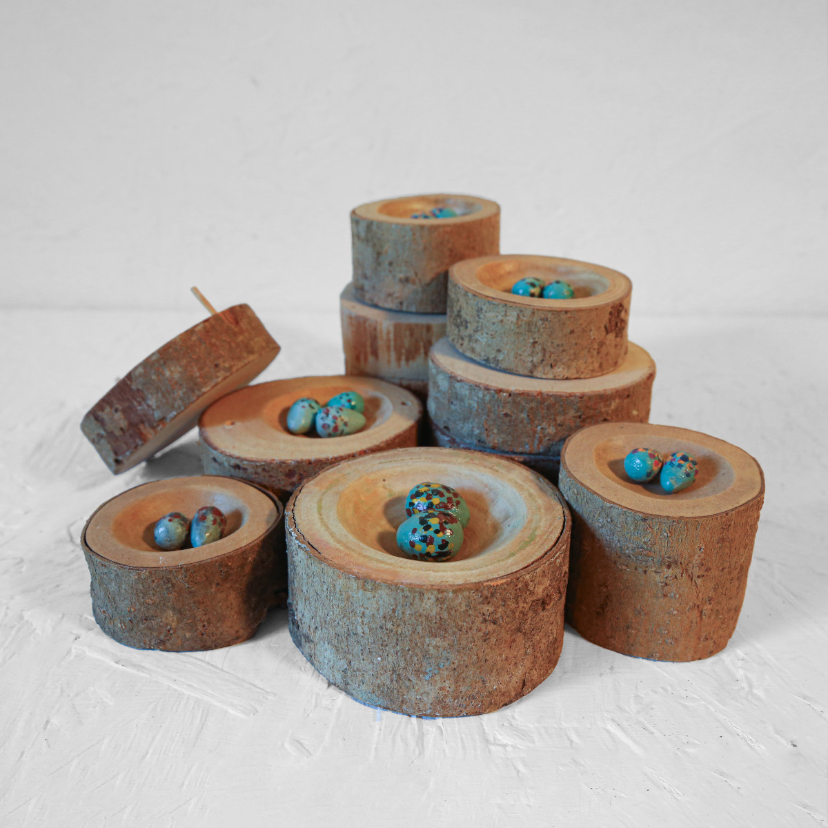 Egg bowls and boxes (both include carved eggs)